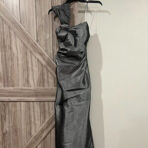 New York Nightway One-Shoulder Charcoal Gown